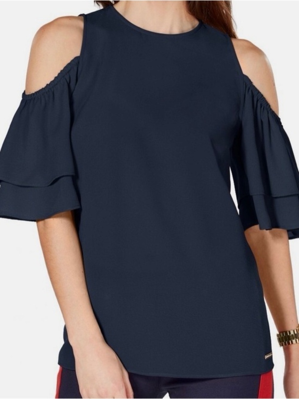 Michael Kors Navy Cold-Shoulder Ruffle Blouse